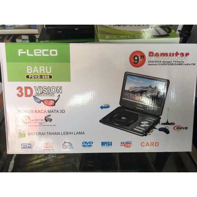 PROMO TV DVD portable 9 inch Fleco PDVD-988 Bonus kacamata 3D Murah