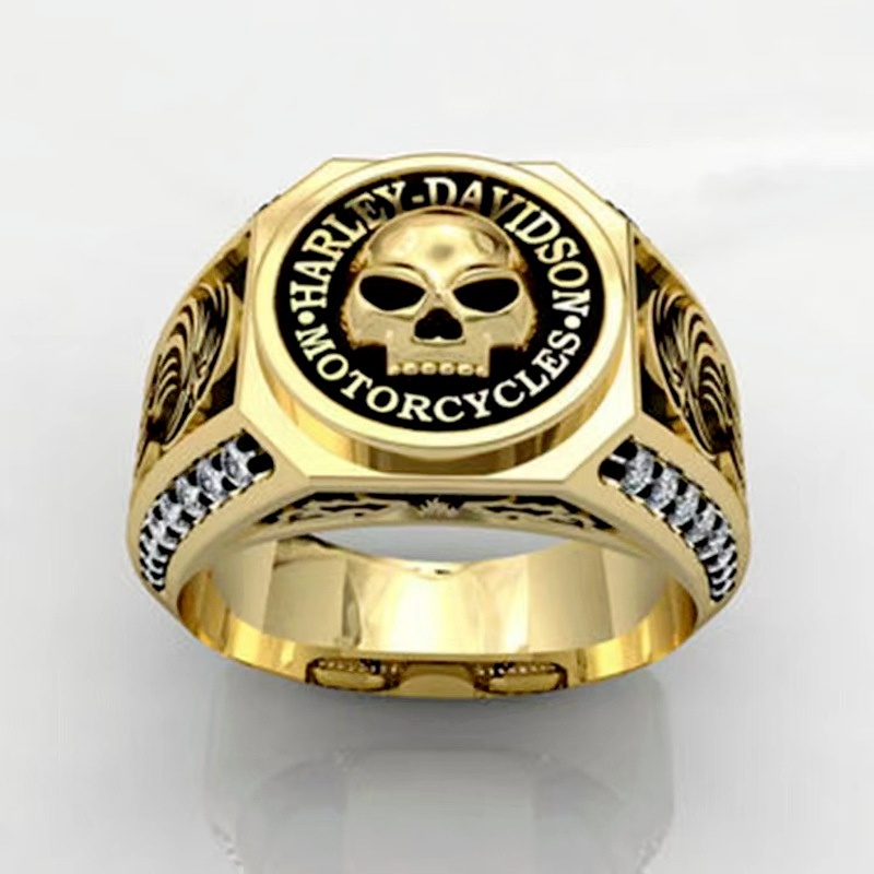 Cincin Pria Model Double Blade Desain Jangkar Tengkorak Bajak Laut Bahan Stainless Steel 316L 14K Gold