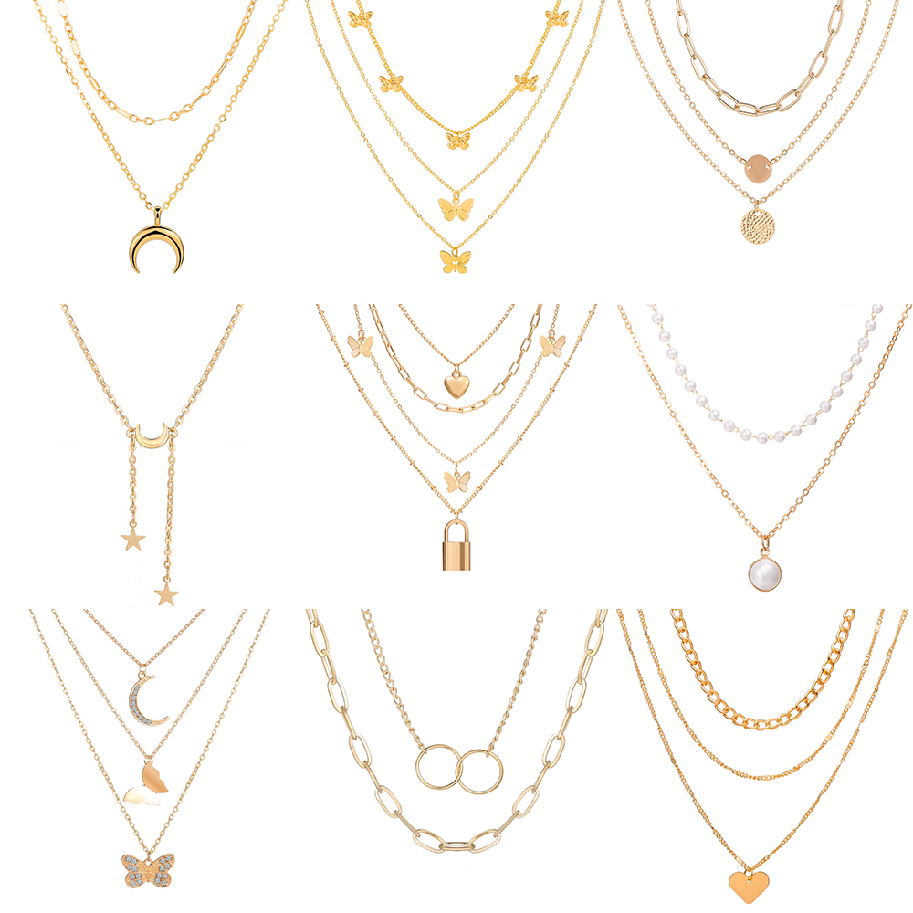 BUTTERFLY Kalung Rantai Multilayer Dengan Liontin Kupu-Kupu Dan Bulan Warna Emas Gaya Retro Untuk Wanita