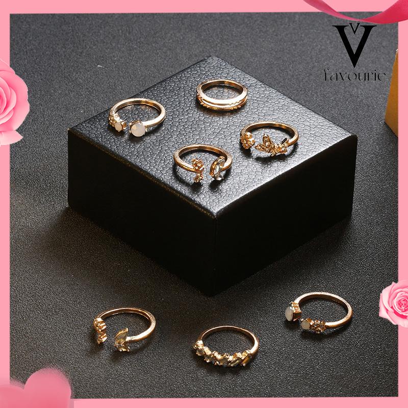 [COD]7-piece set berlian kupu-kupu bunga set cincin wanita cincin kristal festival pernikahan antik-FA