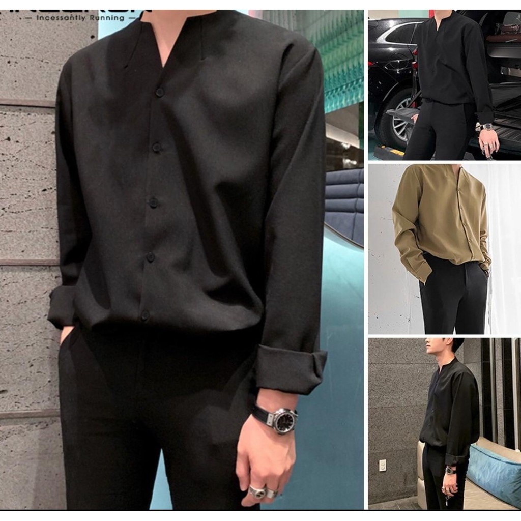 kemeja pria lengan panjang/kemeja oversize polos v-neck fashion pria
