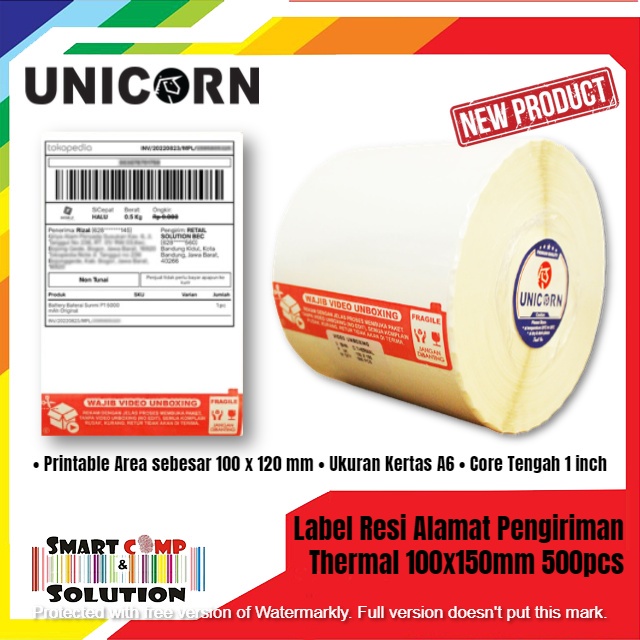 Label Thermal Unicorn Lite Resi Alamat Pengiriman 100x150mm - Stiker Video Unboxing