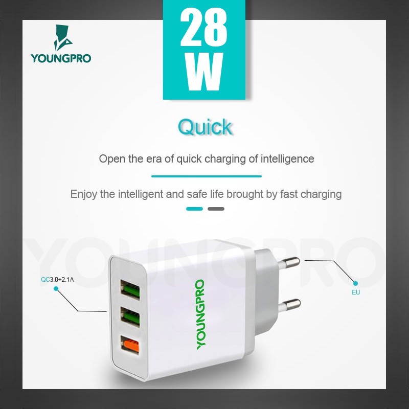 (BERGARANSI 1 TAHUN) YOUNGPRO YPC03 Charger 28W 3 Port Quick Charge QC 3.0 Fast Charging Kepala Cas HP Murah Warna Putih