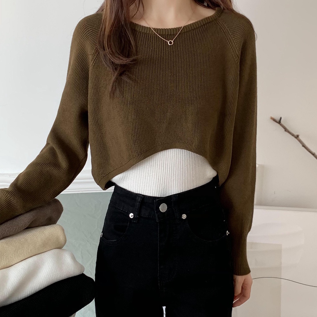 Knit T-Shirt Crop Top Kaos Rajut Lengan Panjang Wanita Korean Style