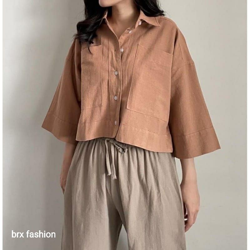 pakean wanita//kemeja crop linen peremium//outer crop