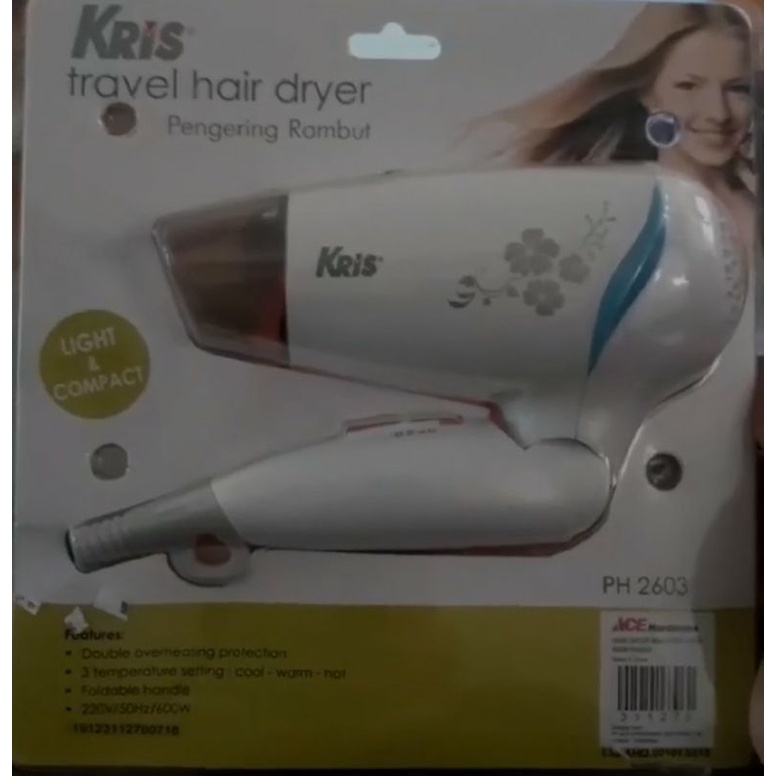 KRIS HAIR DRYER PH2603 PUTIH 600W/ACE HAIR DRYER W/ BLISTER CARD/ACE KRIS PENGERING RAMBUT 600WATT