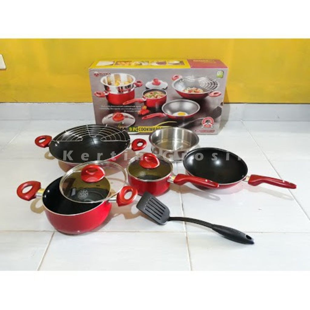 Panci supra set lengkap rosemary 9 pcs steamer cookware piece warna merah teflon tebal anti