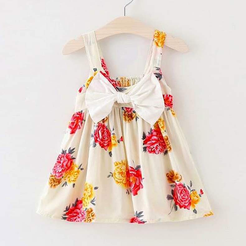 Dress Motif Bunga Mawar Hiasan Pita Gaun Anak Balita Gambar Bunga Full Colour Baju Impor Anak