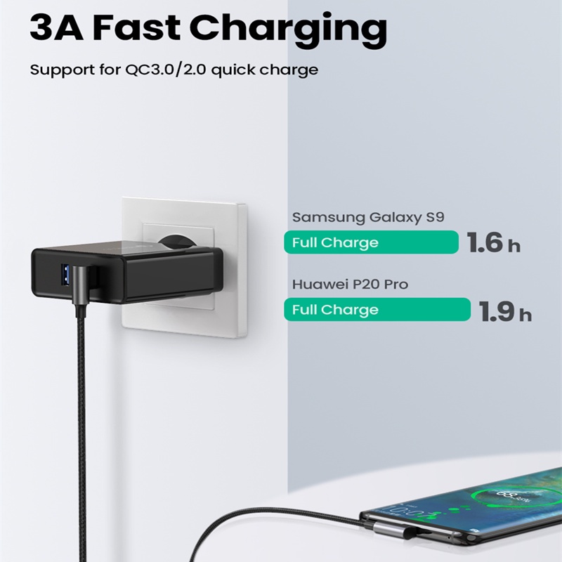 Ugreen Kabel Data / Charger USB Tipe C 90 Derajat Fast Charging Bahan Nilon Untuk Handphone