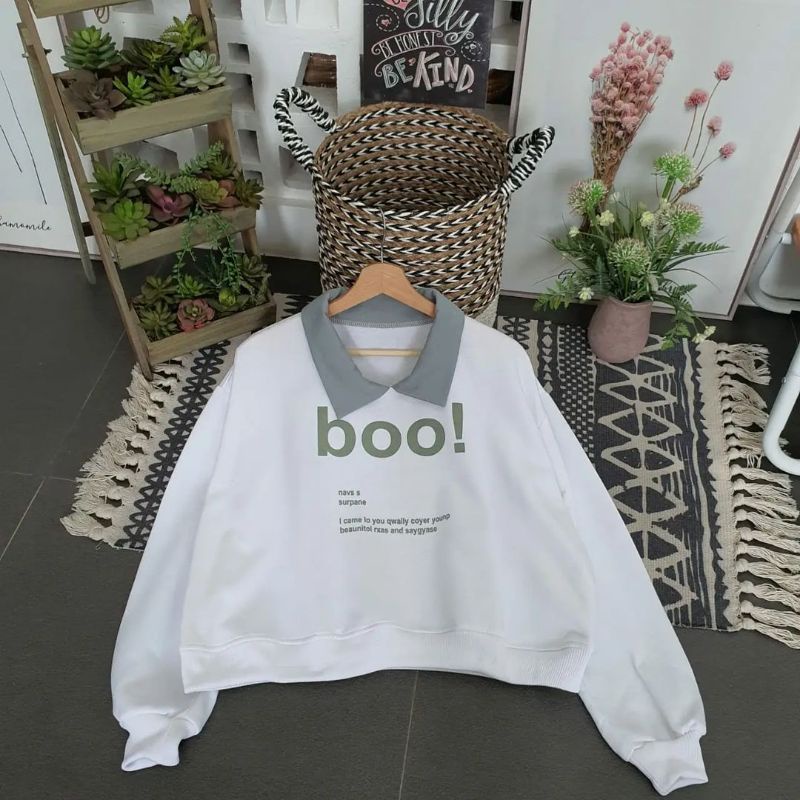 Sweater Crewneck Crop Wanita BOO Crop Kerah Termurah Bahan Fleece Lembut Dan Tebal