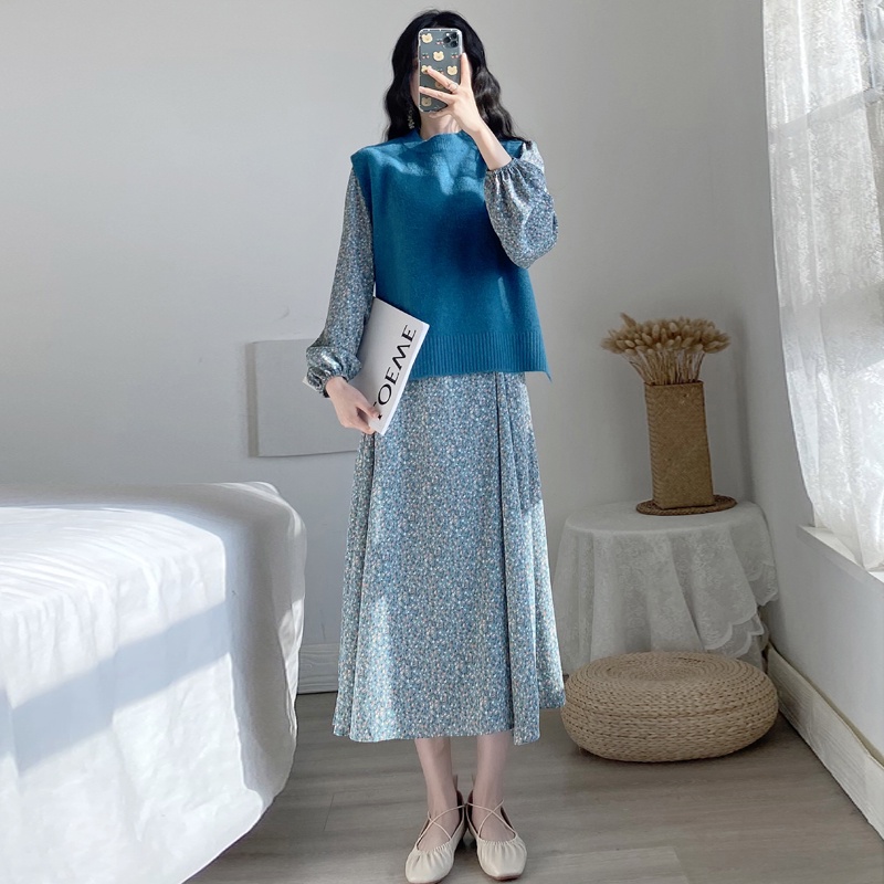 AIMEI Dress Model korea Round Neck Motif Bunga Gaya Retro Untuk Wanita