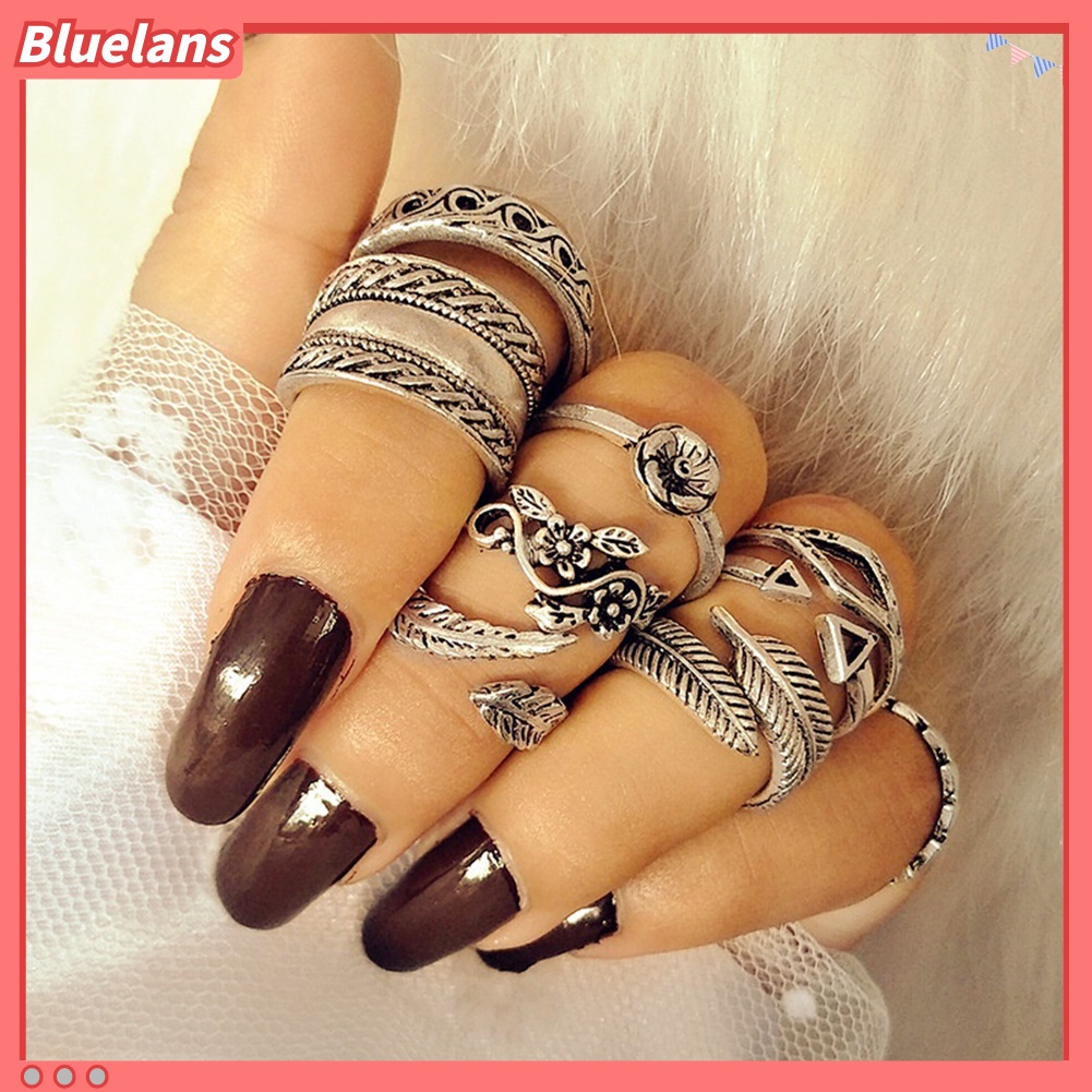 Bluelans 9 Pcs Vintage Women Hollow Carving Flower Leaves Open Band Knuckle Ring Set