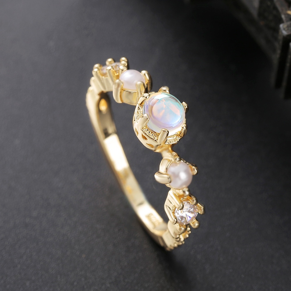 Goldkingdom Perhiasan Fashion 24K Bangkok Aksesoris Ready Stock White Moonstone Pearl Ring for A Woman Cincin Tunangan Lapis Emas Asli Kadar 375