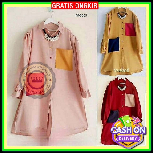 Baju Atasan Tunik Polos Wanita Dewasa Silk Premium Lengan Panjang Mewah Elegan Kerah Renda Sanghai V