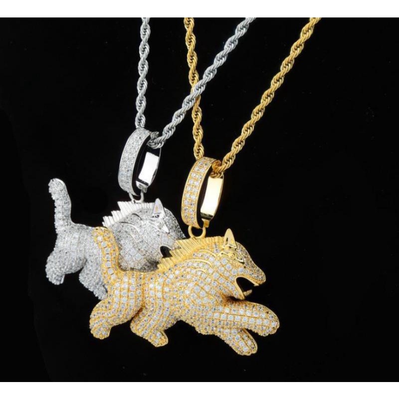Kalung Liontin Anjing Serigala Aksen Zircon Gaya Hip Hop Untuk Pria