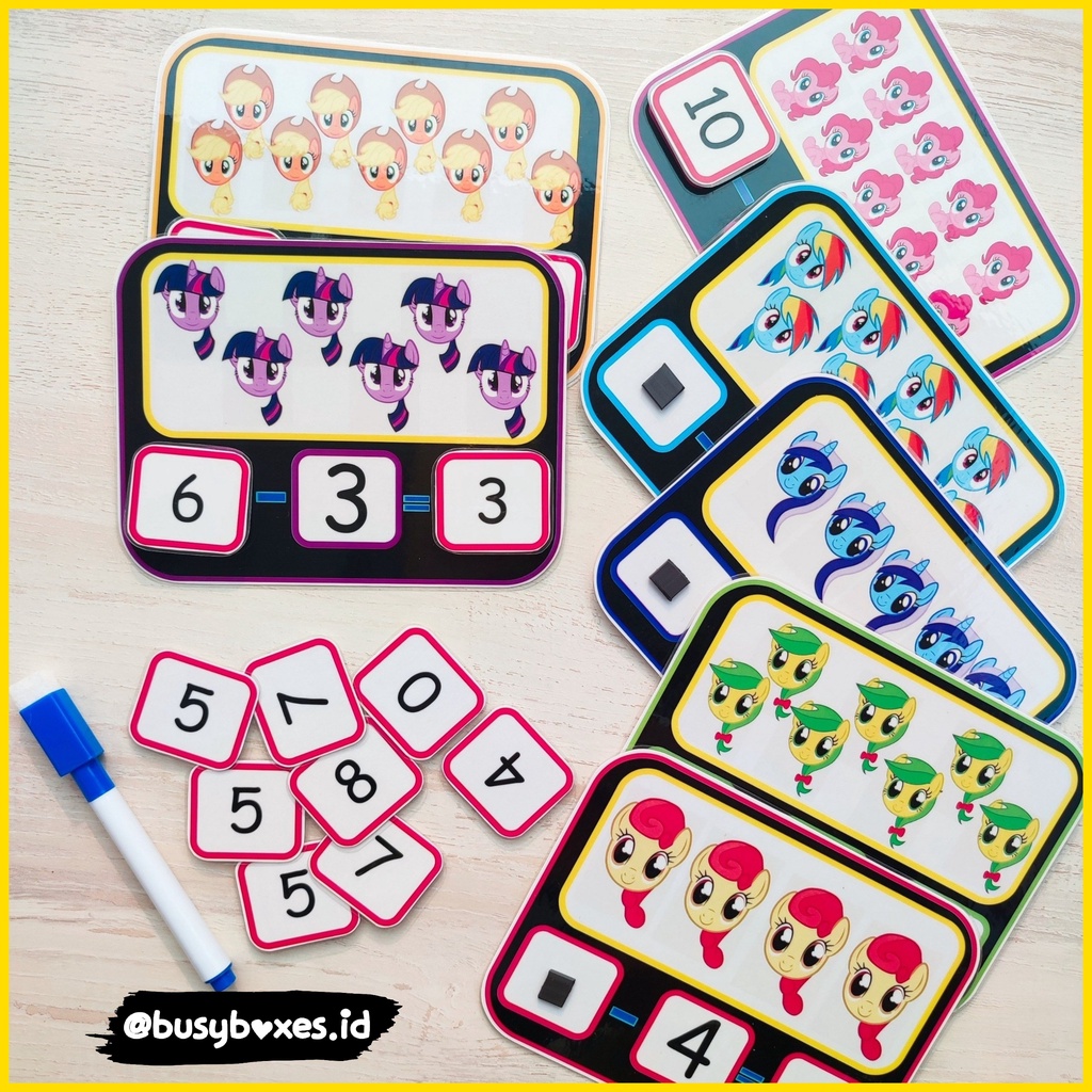 [busyboxes.id]Mainan Edukasi Mainan Berhitung Counting Card Kartu Hitung Worksheet PAUD montessori mainan 3 tahun belajar pengurangan dengan unicorn / kuda poni worksheet PAUD TK preschool