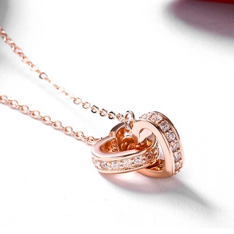 [Ready Stock]Fashion 18K Rose Gold Plated Double Ring Necklace Clavicle Chain