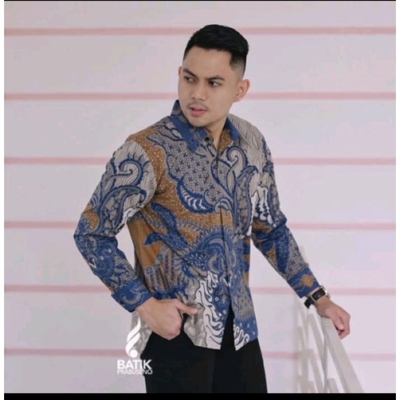 KROKOT KEMBANG MELATI BIRU Kemeja Pria Batik Katun Printing Lengan Panjang Furing Halus Berkualitas