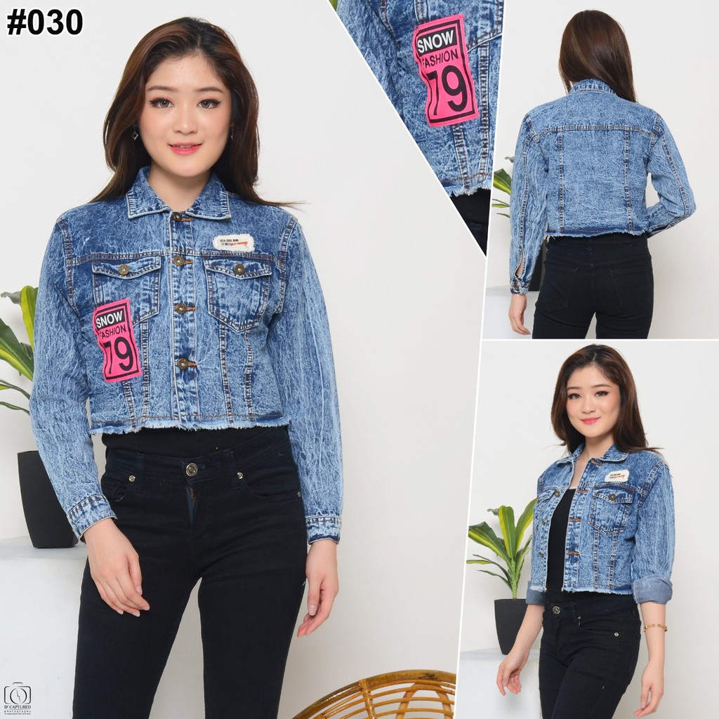 MC girl Jaket Jeans Crop Rumbai Snow Blue / Jaket Jeans Body Pendek Rawis Snowblue / Jaket Jeans Gambar /Jaket Jeans Bordir