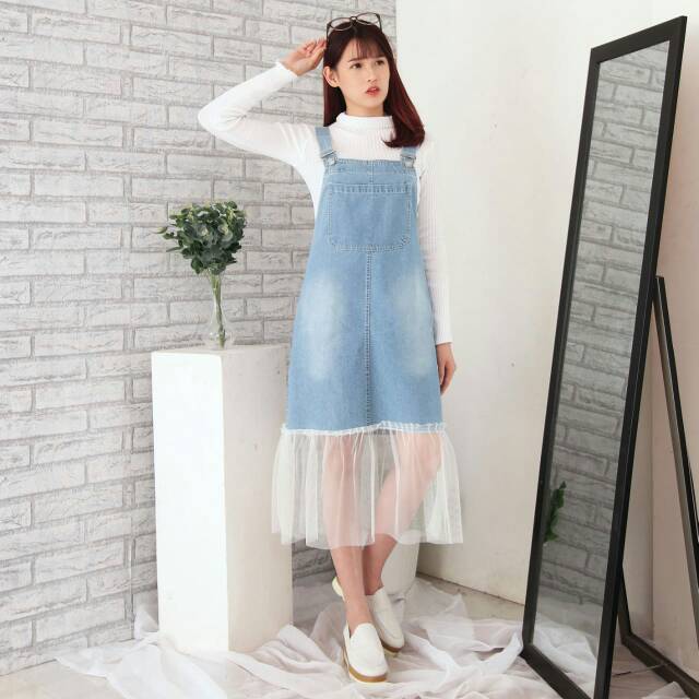 (NEW) DRESS JEANS WANITA MIDI OVERALL KOMBINASI TILE