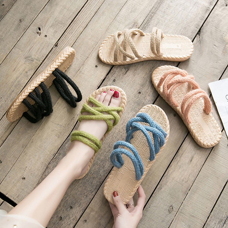 Jerami tali  rami sandal  wanita Korea sepatu datar pantai 