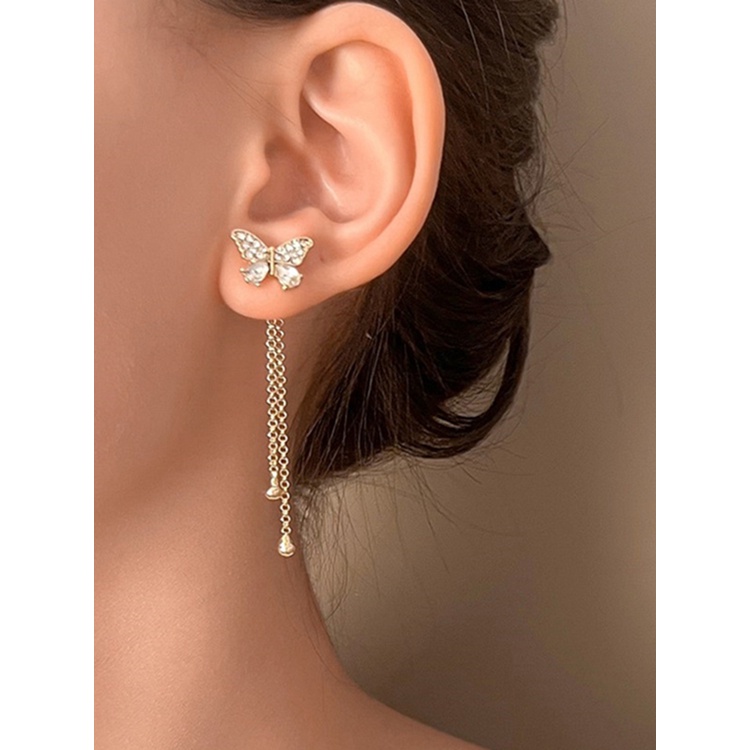 Anting Rumbai Panjang Desain Kupu-Kupu Aksen Kristal Bahan Zirkon Warna Emas Gaya Korea Untuk Wanita