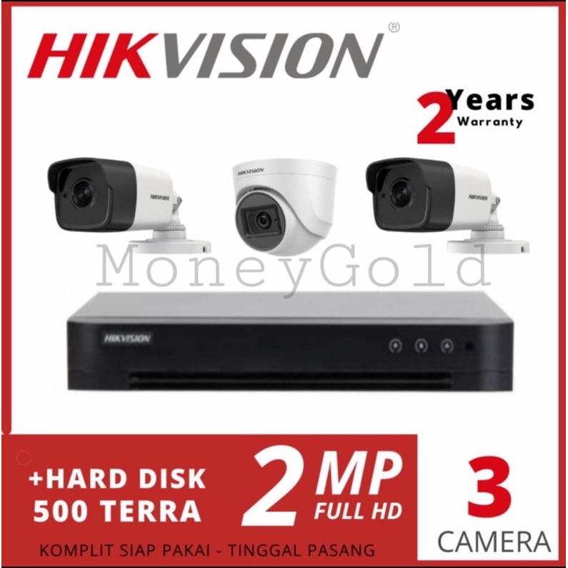 PAKET CCTV HIKVISION 4CHANNEL 3KAMERA 2MP TURBO HD + HARDISK 500GB