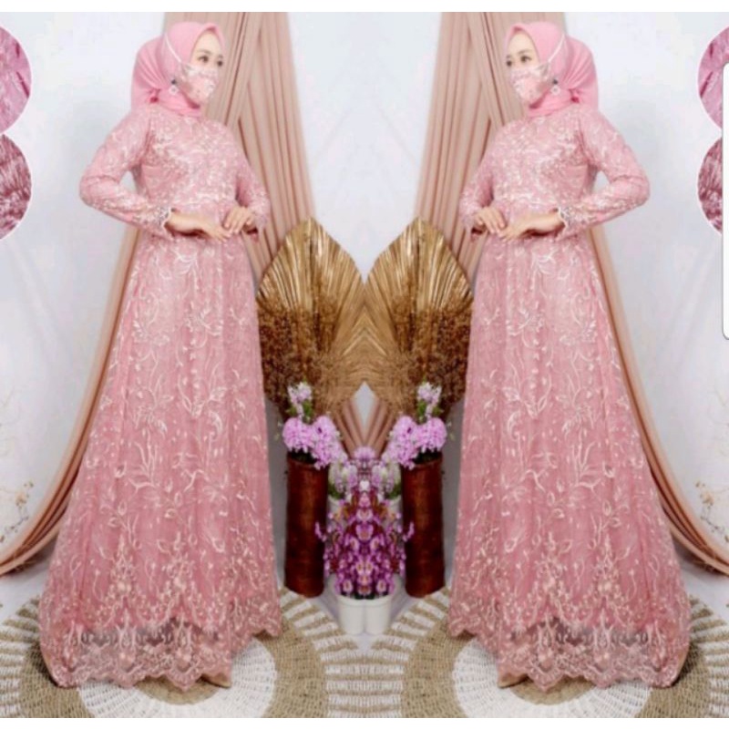 GAMIS MODERN BROKAT TULLE AJC 1/GAMIS TERBARU/GAMIS MUSLIM-Rose gold