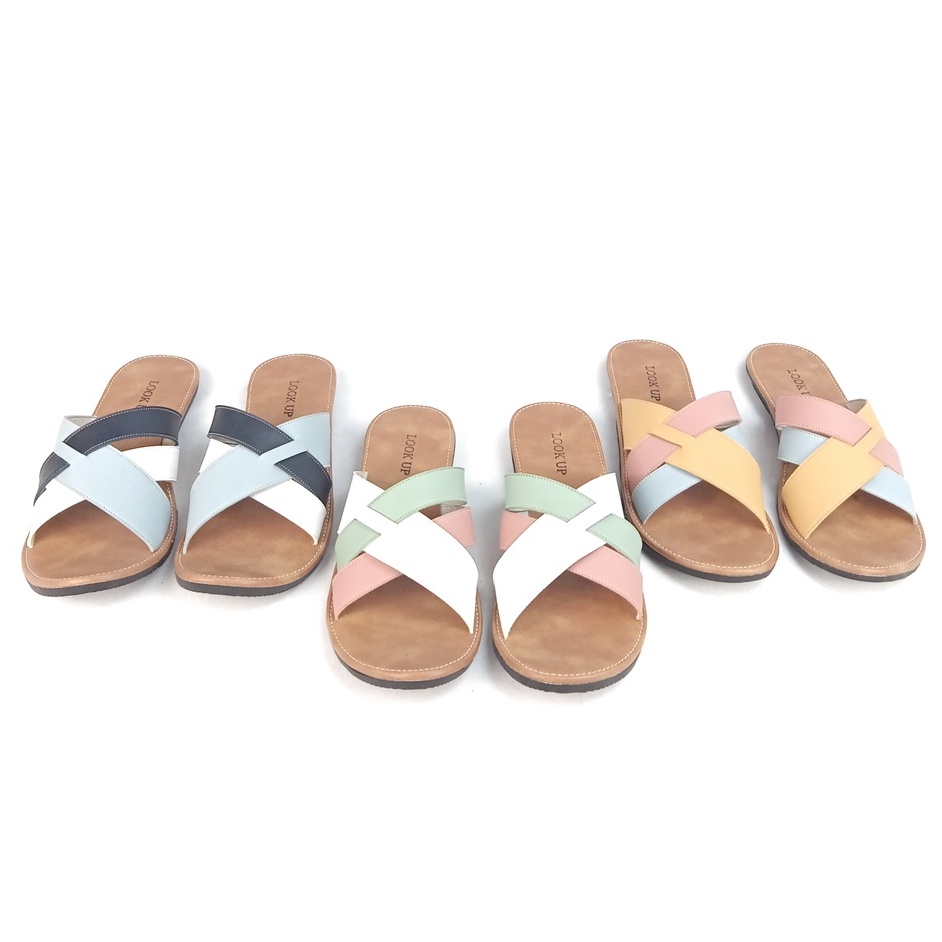 Sandal Kulit Wanita Sandal Kekinian Sandal Slop Slide Wanita Flat Motif Kombinasi Sandal Wanita Terbaru Kekinian Look Up - RIKKA