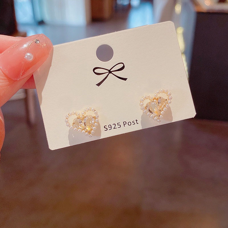 Anting Tusuk Sterling Silver 925 Desain Hati Hias Zircon + Mutiara Gaya Simple Untuk Wanita