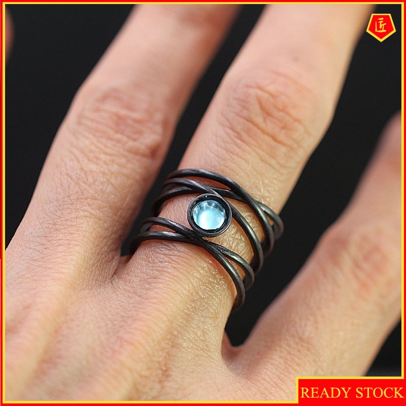 [Ready Stock]Creative Abstract Art Line Moonstone Ring Exaggerated Black Gold Fashion