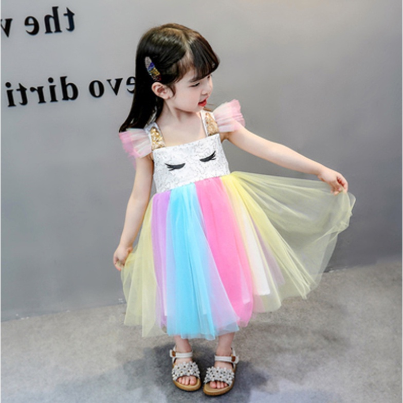 Unicorn Dress Anak Kartun Lucu Pelangi Gaun princess cewek Gadis Import