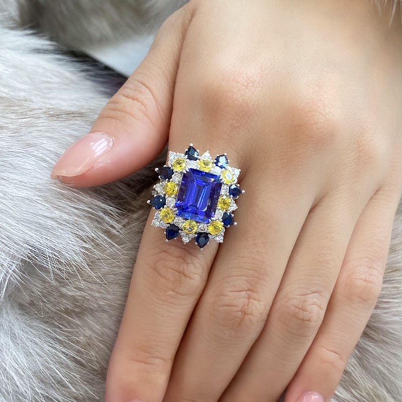 Cincin Bentuk Persegi Geometri Aksen Cubic Zirconia Warna Biru Gaya Eropa Amerika Untuk Wanita