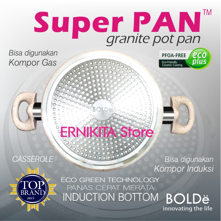 BOLDe POT PAN 24 CM + GLASS LID - Super Pan Panci Casserole Granite Coating