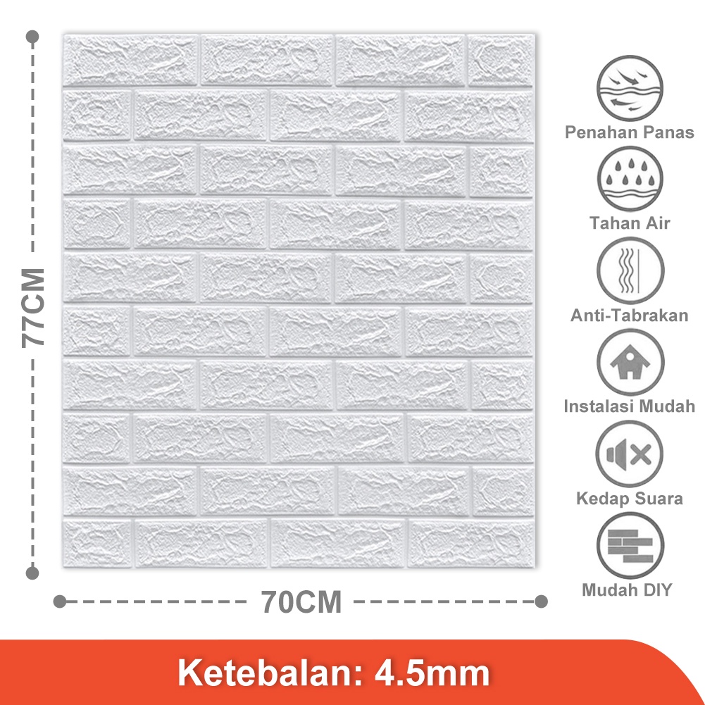 Wallpaper Dinding Foam 3D Dekor Kamar Motif Batu Bata Wallpaper High Quality-Putih(4.5mm)