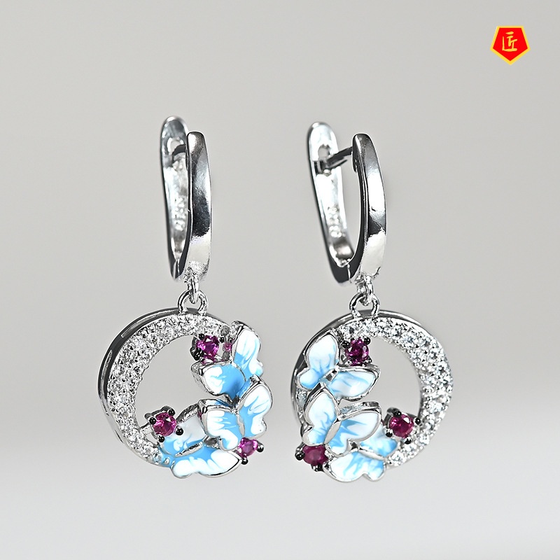 [Ready Stock]New Three Blue Butterfly Earrings Full of Diamonds Exquisite Luxury