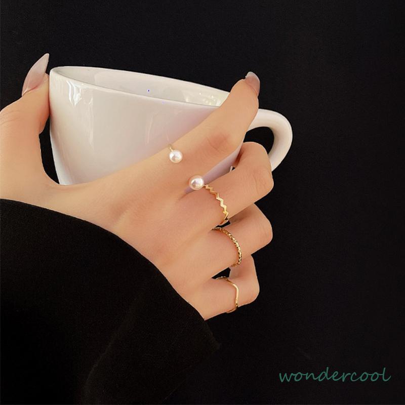 4 Pcs/set Korea Cincin Emas Untuk Wanita Sederhana Mutiara Elegan Cincin Set Dapat Disesuaikan Terbuka Perhiasan Hadiah-Won