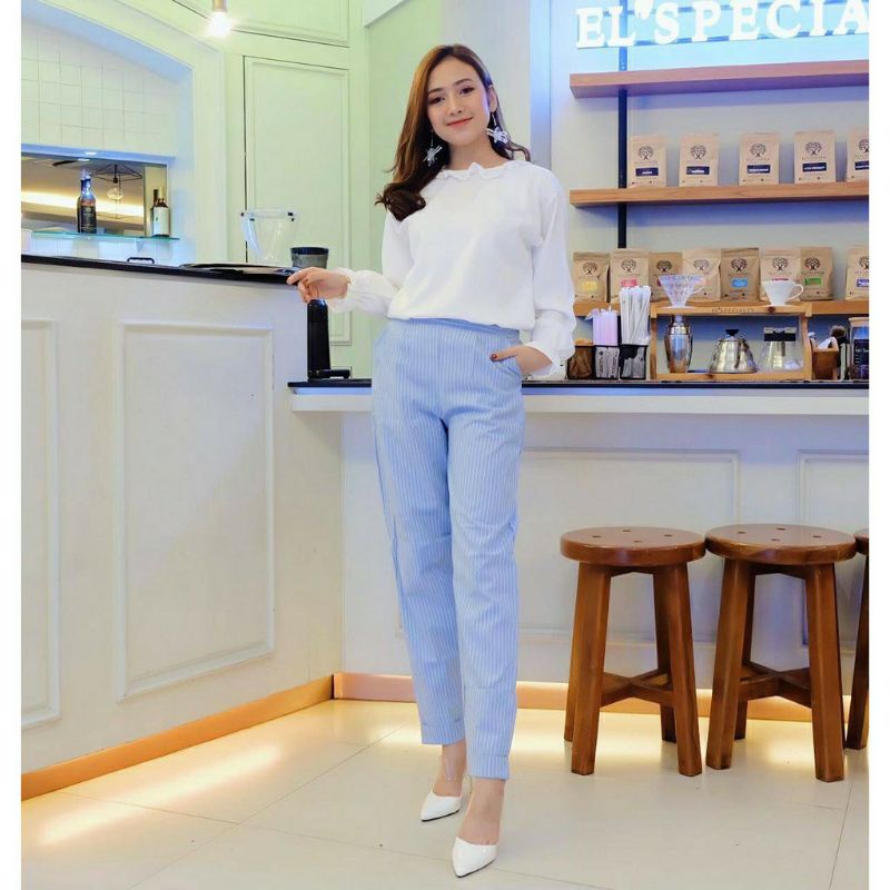 CELANA KERJA WANITA BASIC ANGKLE PANTS MODEL PINGGANG KARET DAN RESLETING BAHAN Katun Strecth Saku Samping