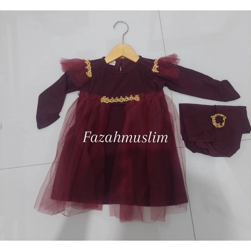 Gamis anak bayi, gamis tille set hijab bayi, baju muslim aqiqah renda bayi. gamis princess  bayi