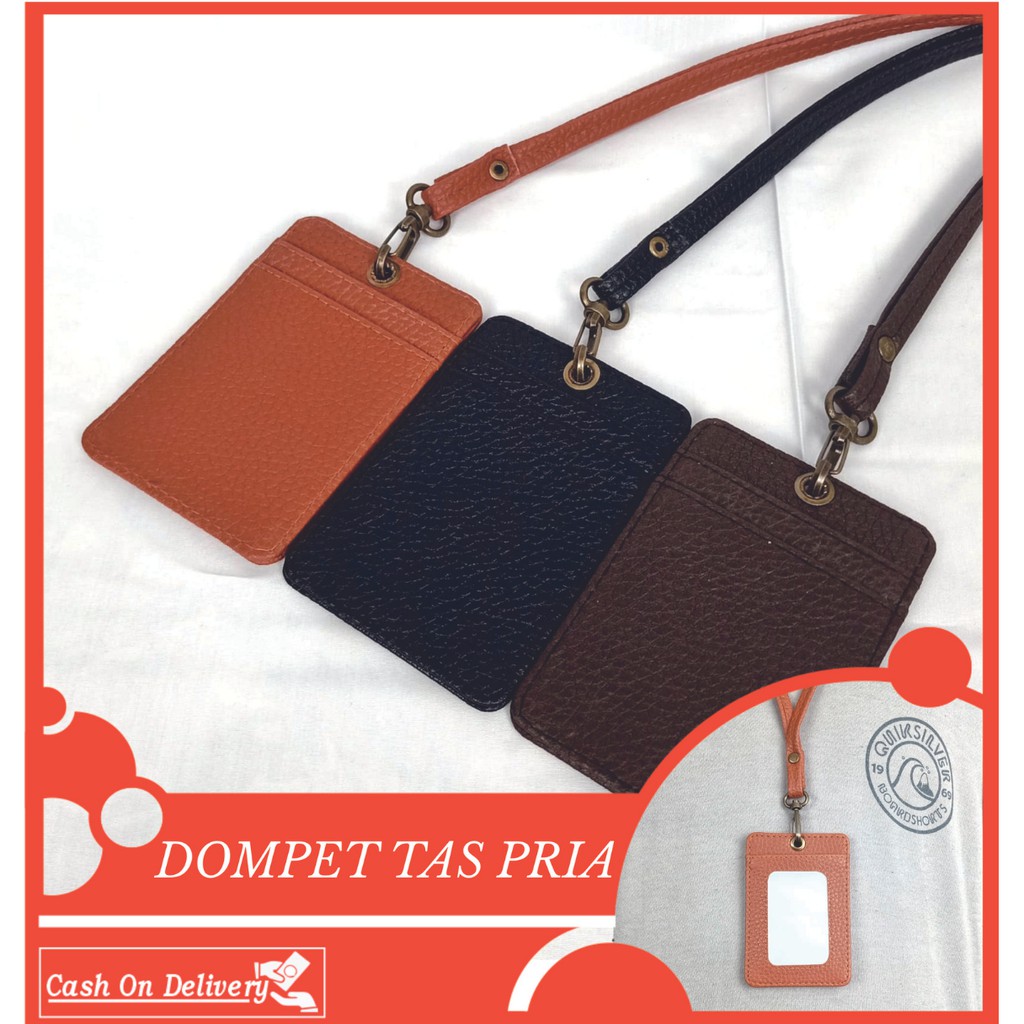 ID CARD HOLDER KULIT LANYARD WITH SLOT KARTU/NAME TAG PU LEATHER TERMURAH