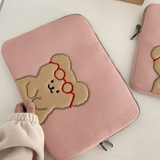 Sleeve Pouch Sarung Tas Bag Case Ipad Tab Tablet Macbook Air Pro Laptop Asus Acer Lenovo HP Huawei 11 12 13 14 15 inch Motif Gambar Beruang Bear Warna Pink Lucu Cute Murah Korean Model