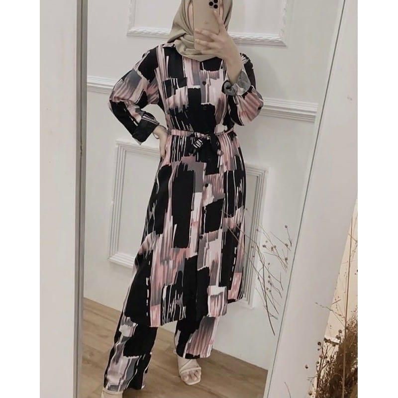 SETELAN PIYAMA WANITA PREMIUM HIGH QUALITY // LD 100 - 110 ONE SET RAYON MOTIF BARU // SET RAYON-Blackping longset