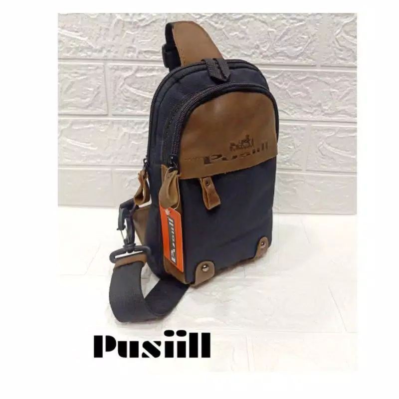 PUSIILL - Tas Salempang Pria Kulit Keren | Simple Sling Bag Selempang Premium | Hitam - Coklat