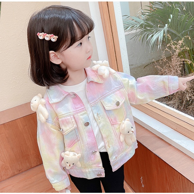 Jaket Jeans Denim Rainbow Dengan Boneka Bear Anak Perempuan Warna Warni Rainbow Pink Import Fashion Korea Sweater Hoodie Baju Hangat Lucu