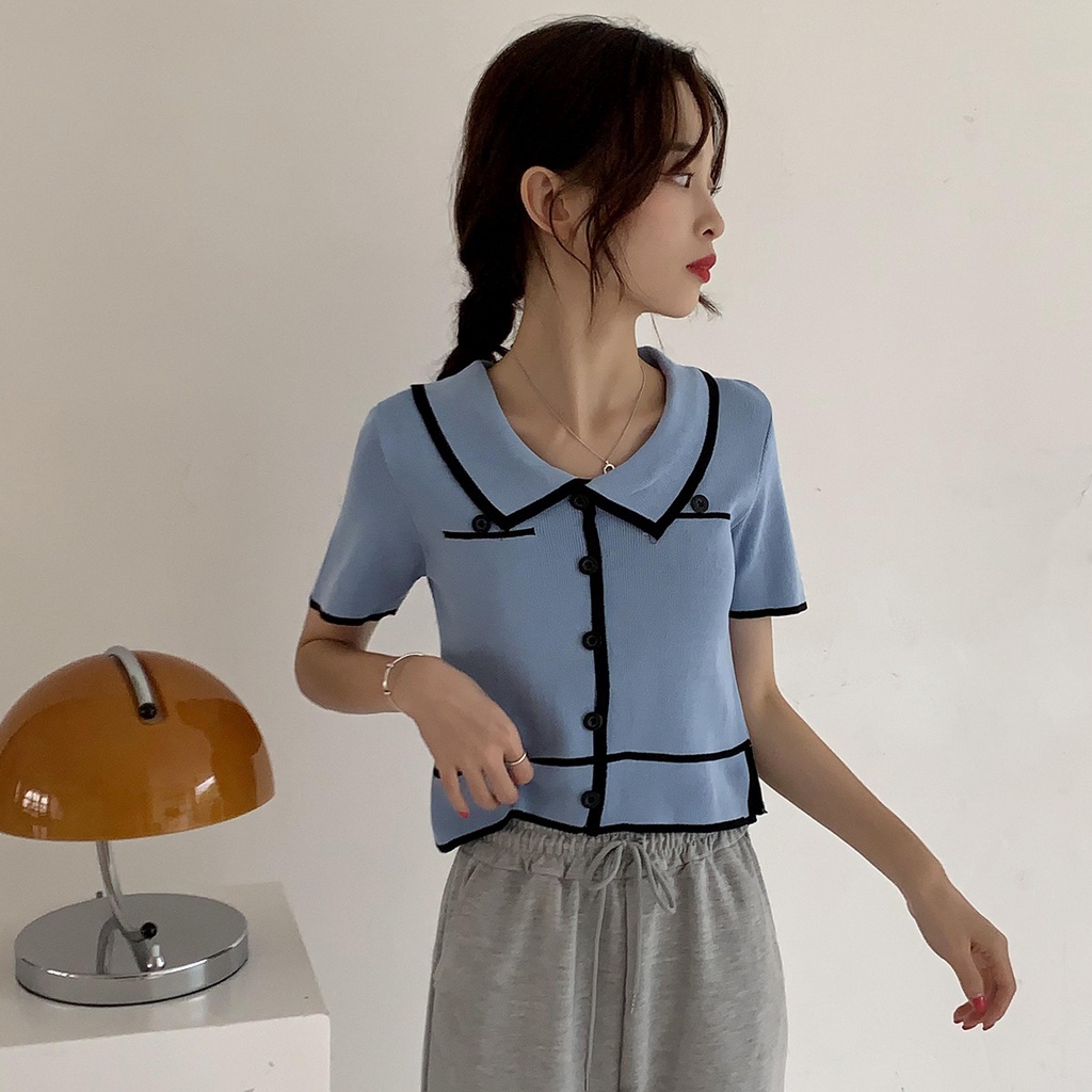 Nicebra Korean Collar Crop Top Atasan Kemeja Knit 4048