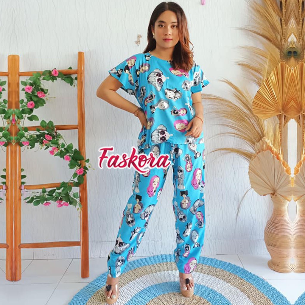 One Set Tie dye Wanita XXL Retro - Setelan Jumbo Rayon Wanita Kekinian - Pajamas Tiedye Set