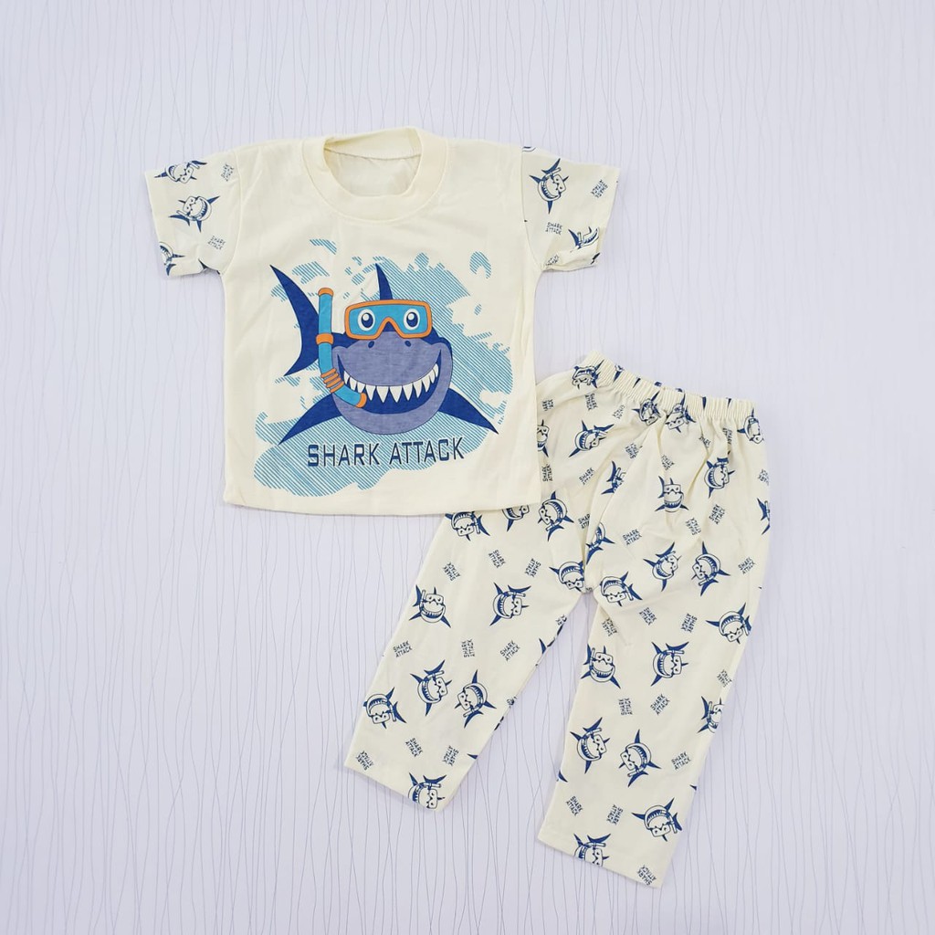 setelan piyama anak celana panjang shark attack / baju tidur bayi cowo hiu