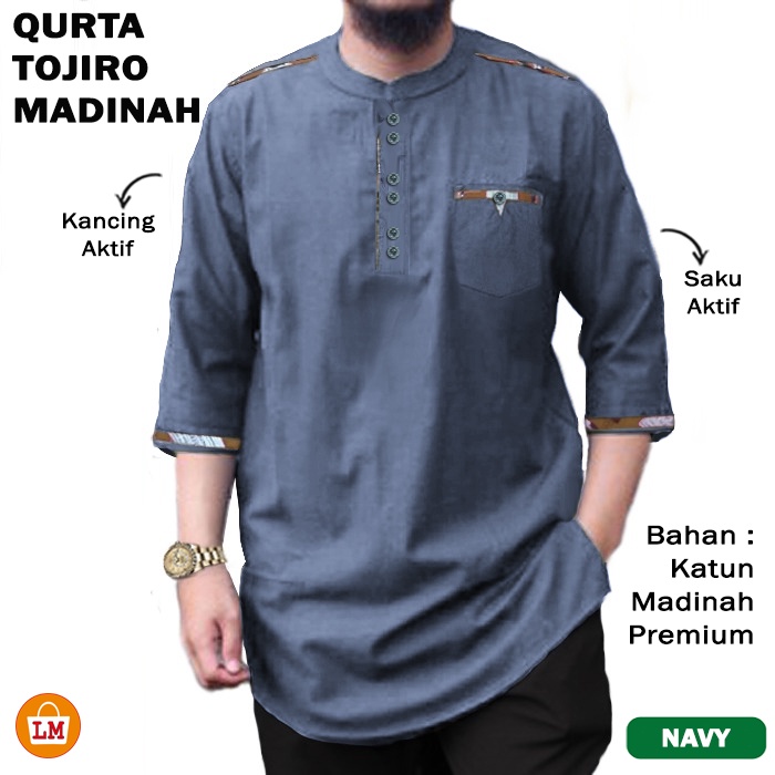 LOBBY MODE Baju Koko Pria Muslim QURTA TOJIRO bahan Toyobo Premium 23151 23153 23155 23157-Navy Madinah