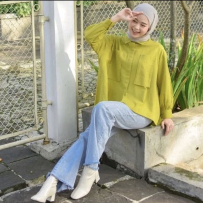 Kemeja Linen Oversize Wanita - Atasan Wanita - Linen Cringkle Shirt