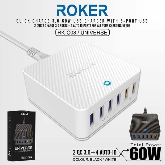 CHARGER - TC ROKER UNIVERSE 6USB - DUAL QC - 60W - RK-C08